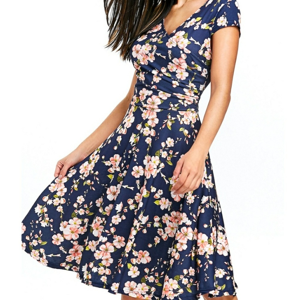 Floral Print Surplice Skater Dress